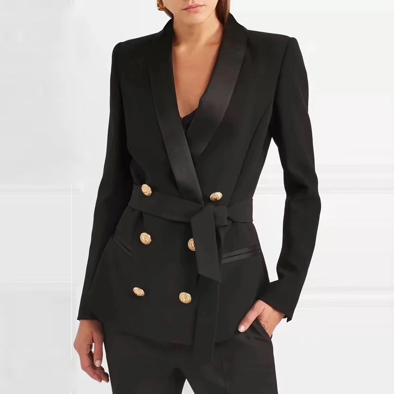 2021 early spring new fashion women\'s double-breasted tie slim small suit OL temperament professional jacket female high quality