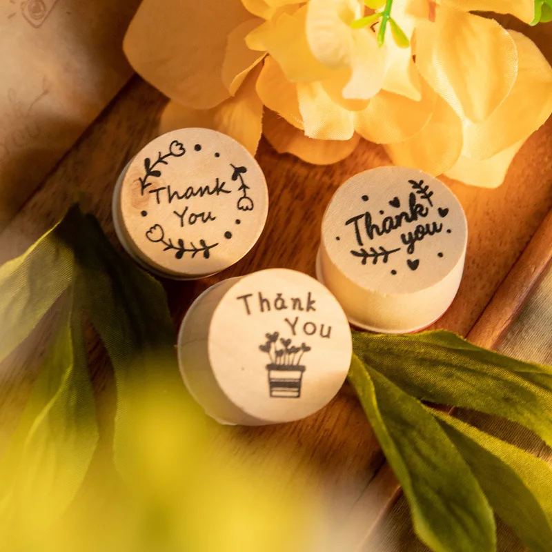 6pcs Thank You Wood Rubber Stamps Round Wooden Stamp DIY Craft Scrapbooking Stamping Birthday Party Christmas Wedding Decoration