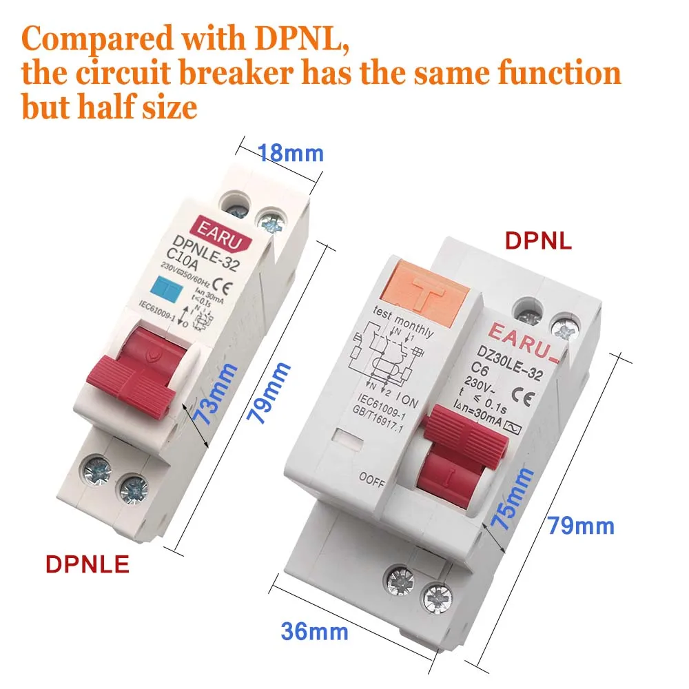 18MM Mini 230V 50/60Hz RCBO 1P+N 6KA Residual Current Differential Automatic Circuit Breaker Over Current Leakage Protection