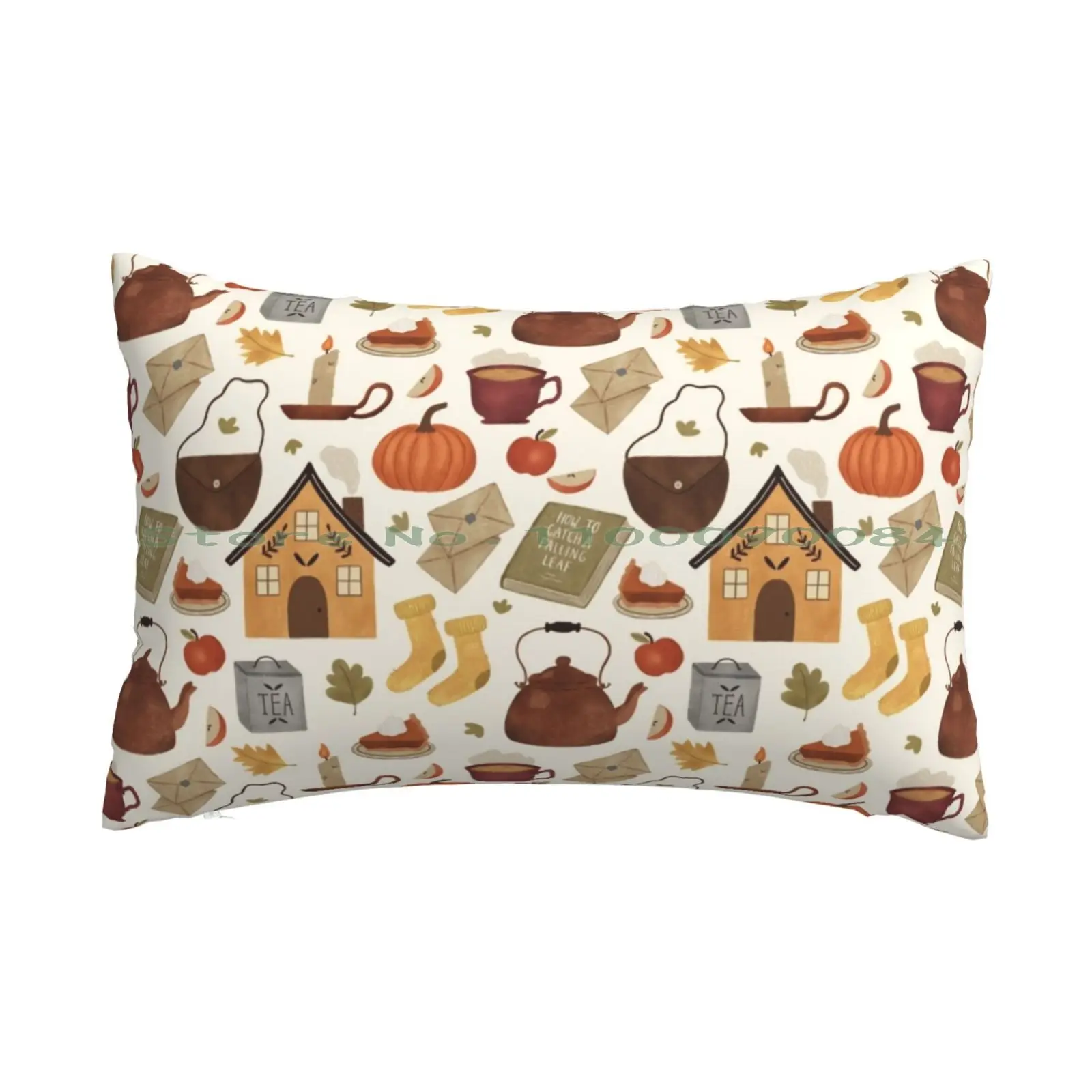 Autumn Cottage Days Pillow Case 20x30 50*75 Sofa Bedroom Autumnal Fall Cozy Teapot Tea Kettle Tea Lover Knit Books Reading