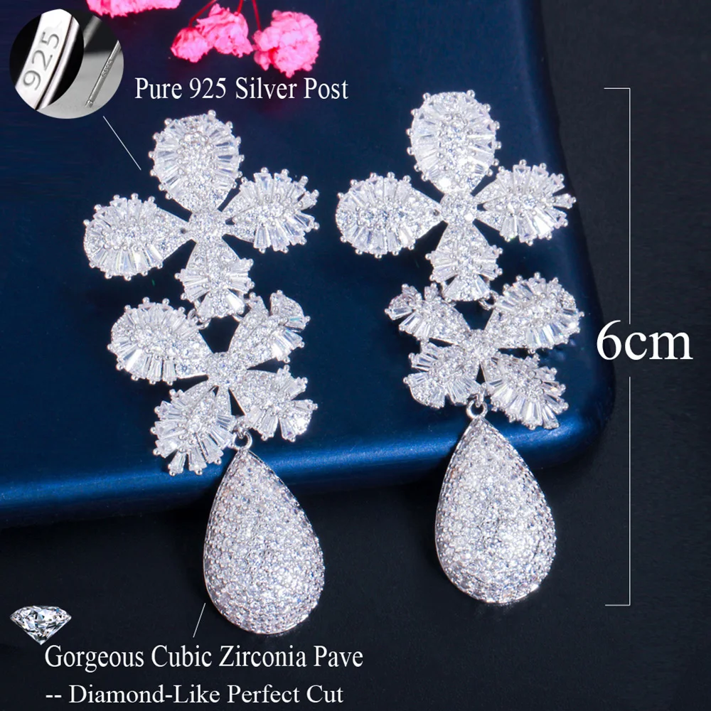 Pera Brand Long Waterdrop Dangle White CZ Crystal Silver Color Flower Drop Earrings for Women Luxury Wedding Party Jewelry E676