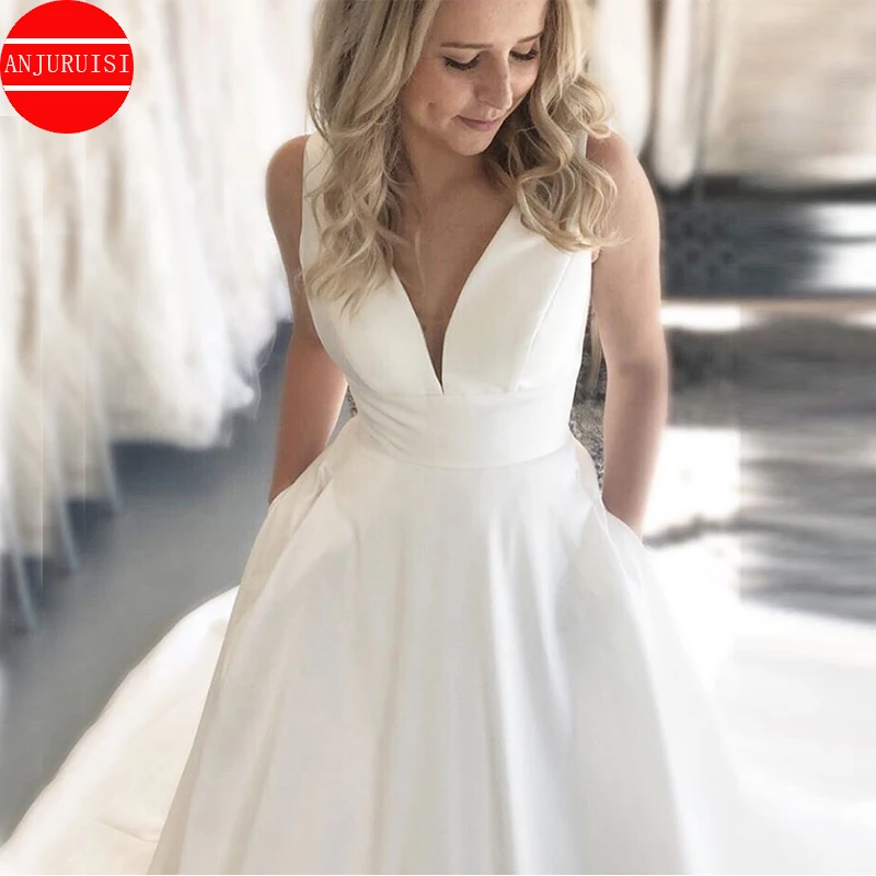 

Simple Vestidos De Noiva V-neck Wedding Dresses Sexy White Ivory Satin Backless Bridal Gowns Cheap Suknia Ślubna With Pockets