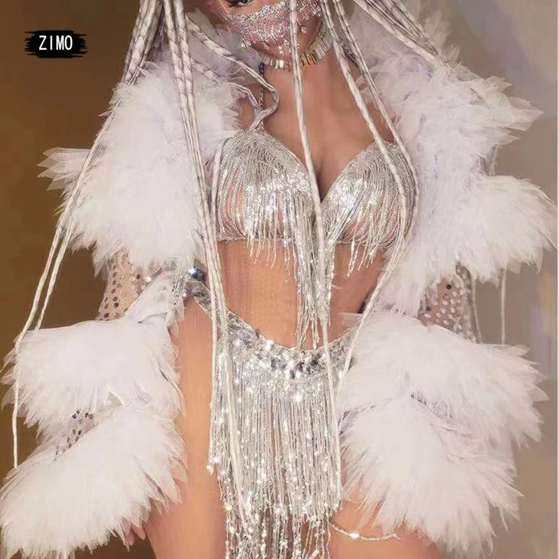 반짝 이는 실버 스팽글 술 비키니 세트 여성 섹시한 백 레스 브래지어 반바지 나이트 클럽 Dj 가수 바 무대 쇼 폴 댄스 의상