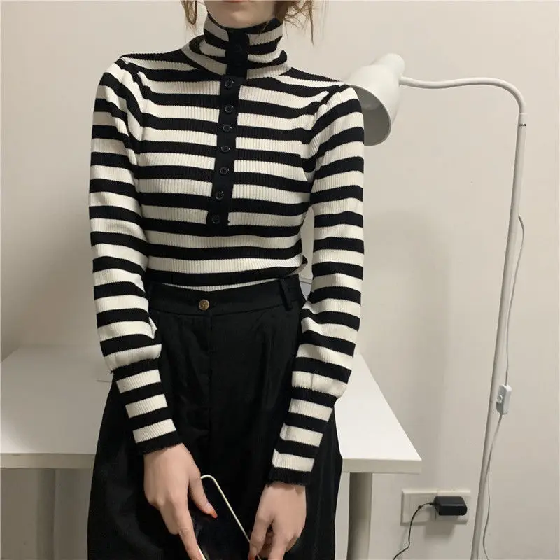 Turtleneck Sweater Women Striped Orange Single Breasted Korean Style Simple Chic Students Young Ladies All-match Daily Slim Tops