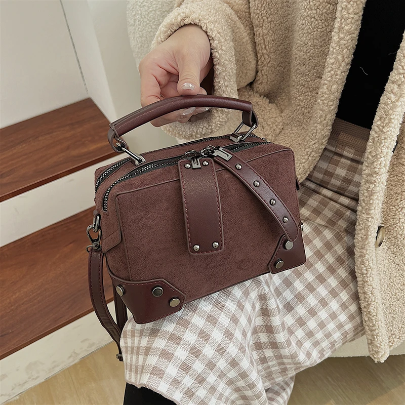 Vintage Leather Women Handbag Luxury Brand Designer Rivet Clutch Tote Bags Small Shoulder CrossbodBags For Women Suede Bolsos