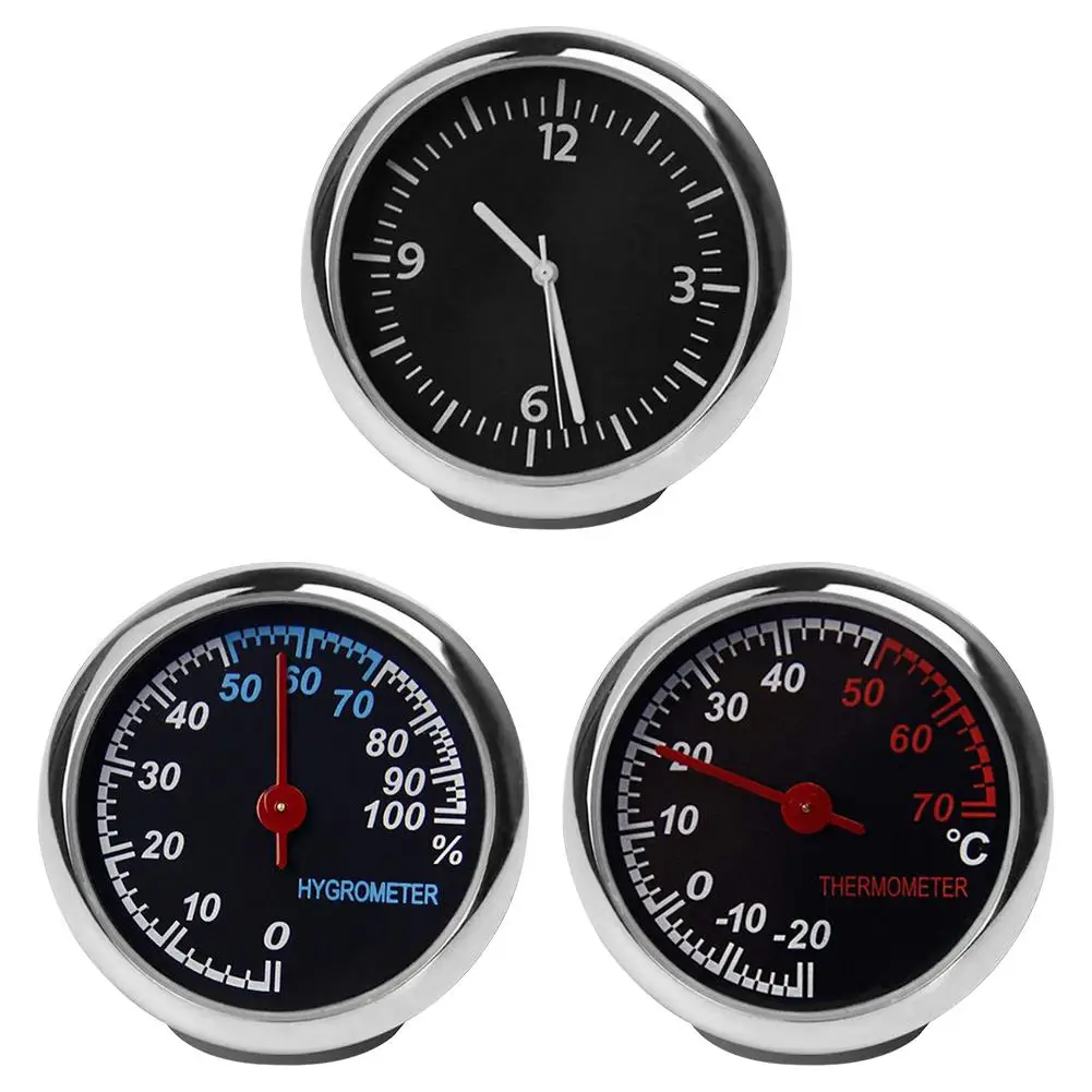 Car Clock Thermometer Hygrometer Durable Quartz Glass Mirror Internal Stick-On Dashboard Auto Interior Ornament Styling