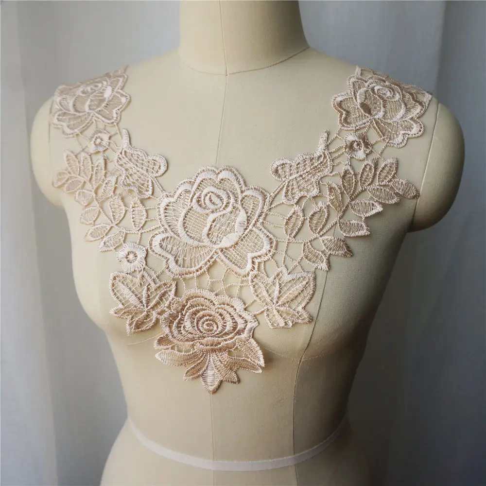 Beige Embroidered Gown Appliques Lace Fabric Trims Collar Mesh Sew On Patches For Wedding Decoration Dress DIY