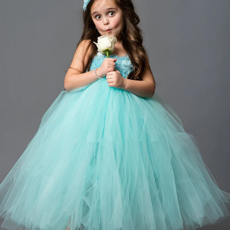 Baby Girls Aqua Flower Tutu Dress Kids Crochet Tulle Dress Ball Gown with Headband Children Birthday Party Costume Evening Dress