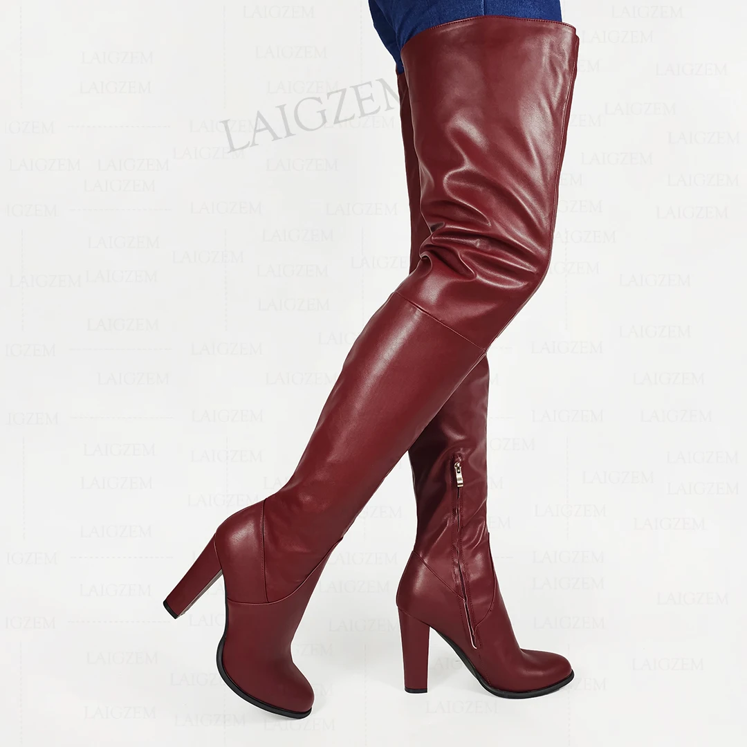 LAIGZEM Women Thigh High Boots Faux Leather Thick Heels Over Knee Boots Round Toe Handmade Ladies Shoes Woman Big Size 41 44 47