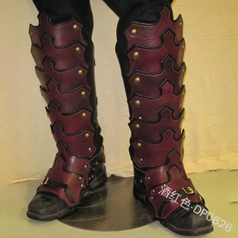 Armure rétro médiéval Cosplay chaussures, boucle de couverture en cuir PU imperméable noir marron soldat chevaliers bottes longues, couverture réglable