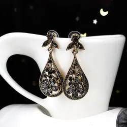 Sunspicems Bohemia Flower Drop Earring Women Grey Crystal Earring Antique Gold Color Turkish Wedding Jewelry Vintage Bridal Gift