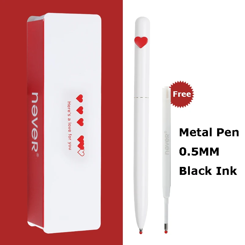 NEVER Love Rotating Metal Gel Pen 0.5MM Black Ink New Girl Heart caneta ручка for Business Student Couples Gift Box канцелярия