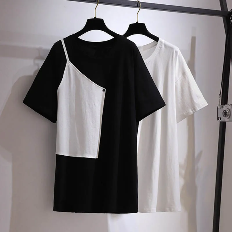 150Kg Plus Size Women's T-Shirt Dress Bust 157 Summer Loose Contrast Stitching Short-Sleeved Dress 6XL 7XL 8XL 9XL 10XL