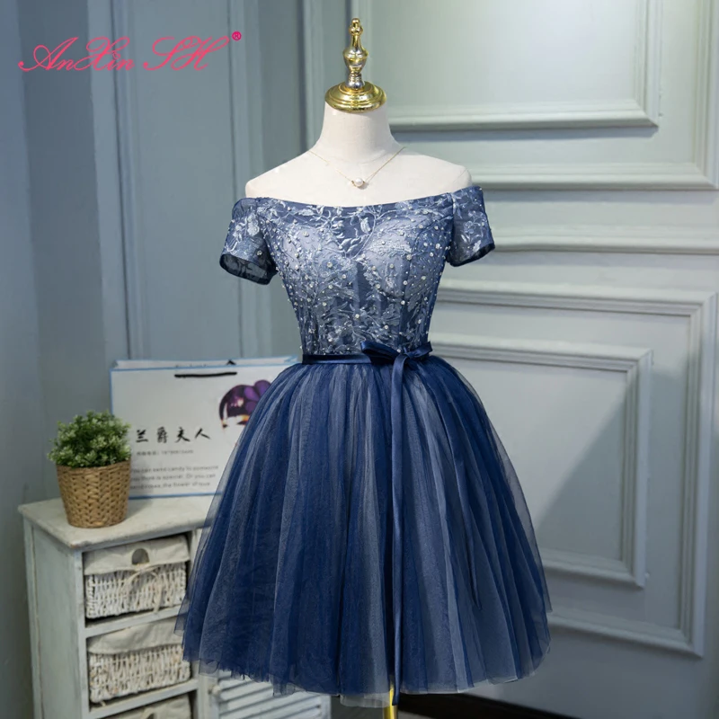 

AnXin SH princess blue flower lace pearls fashion boat neck bow short sleeve short customized evening dress little black dress