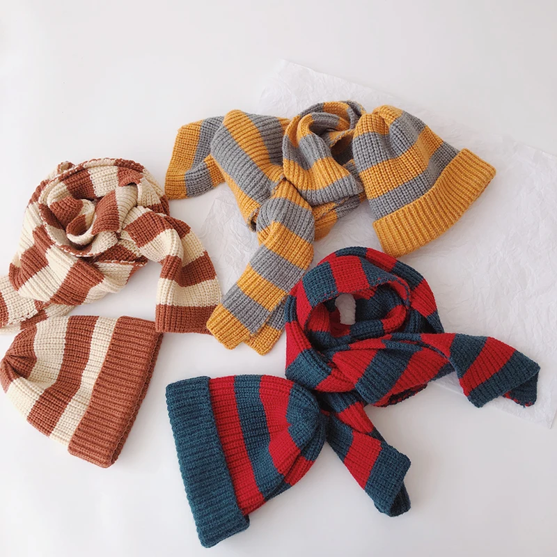 Autumn Winter Baby Hats Scarves 2 PCS Set Stripe Children Beanies Caps Kids Boys Girls Neck Scarf