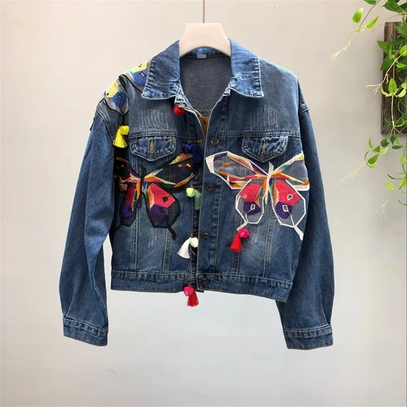 2024 Autumn Women Denim Jacket  Heavy Industry Embroidery Applique butterfly Jeans Jacket Coats Tassel Short Jacket Outerwear