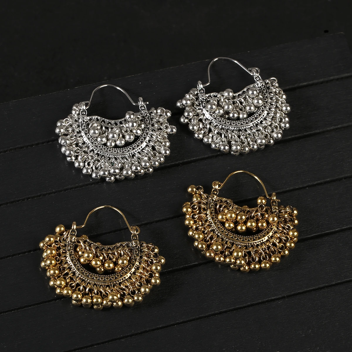 Vintage Retro Gold Color Alloy Sector Bollywood Oxidized Earrings For Women Boho Ethnic Beads Tassel Jhumka Dangle Earrings