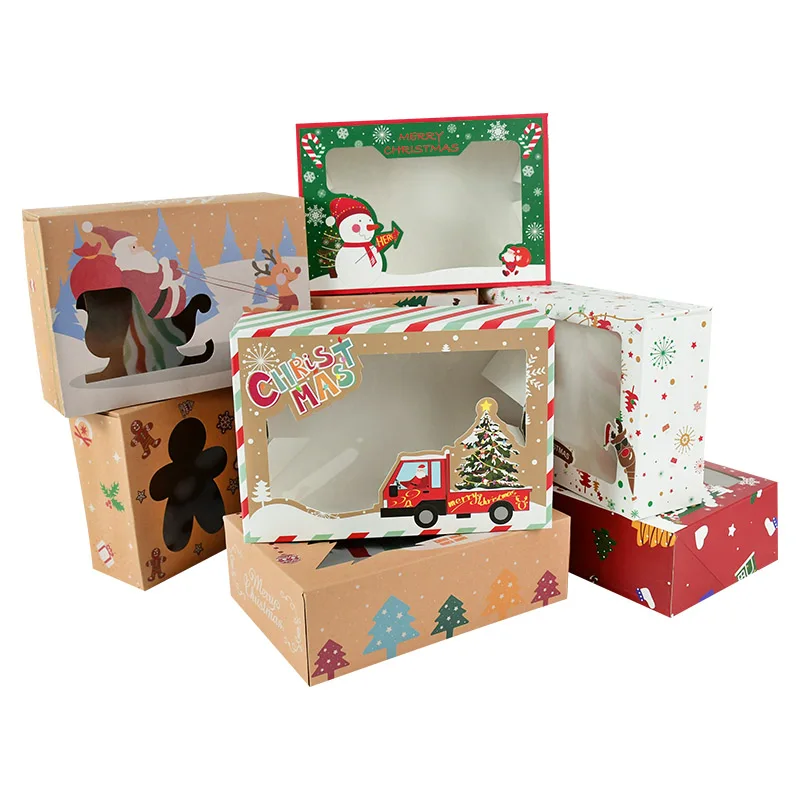 

4Pcs/set Christmas Kraft Paper Gift Box Clear Window Candy Cookie Treats Wrapping Boxes Christmas Party New Year Decoration