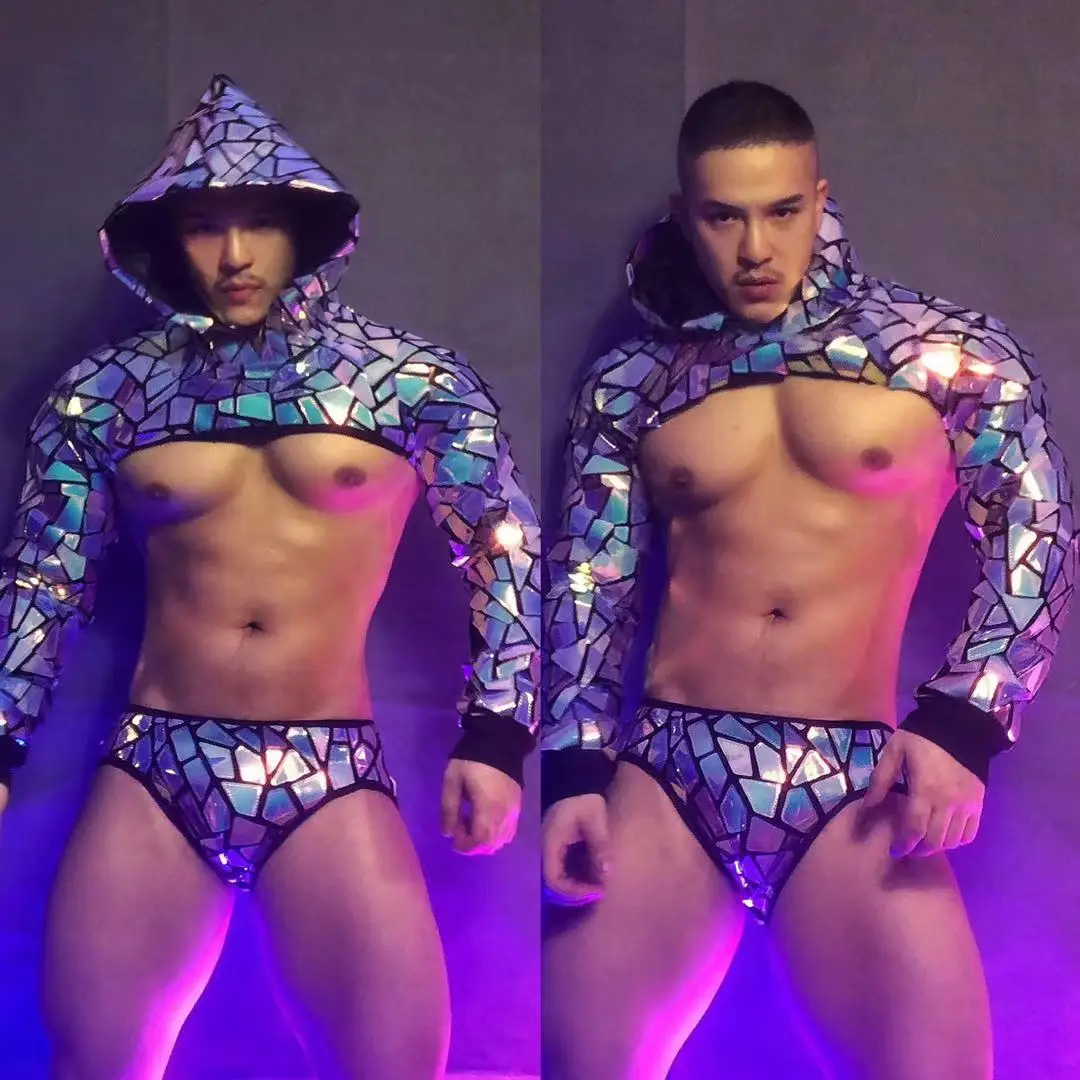 Costume de breven Tricot à Paillettes pour Homme et Femme, Tenue de Bar, Discothèque, Laser, Miroir, Violet, Bleu, Short en Y, Vêtements de Performance