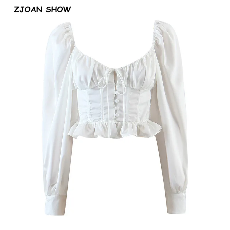 Vintage Long Sleeve Bandage Cross Lacing up Cropped Shirt Women French style Ladies Wood ears Dropped Slim Crop Top Sexy blouses