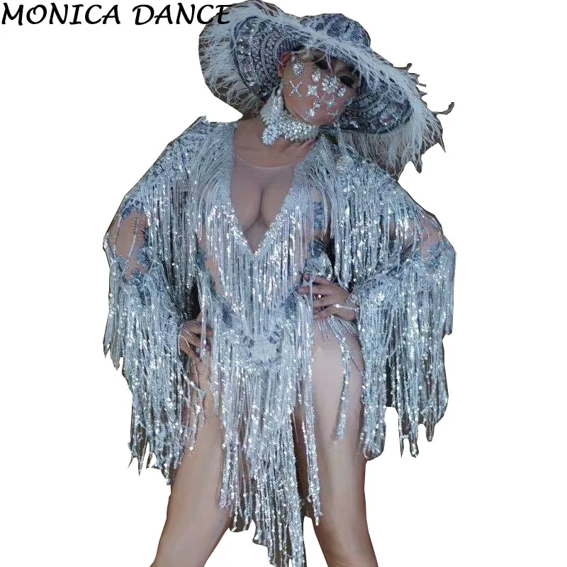 Sparkly Sequin Fringes Bodysuit Hat Performance Costume Women One-piece Dance Wear Singer Stage Leotard Rave Festival Costume