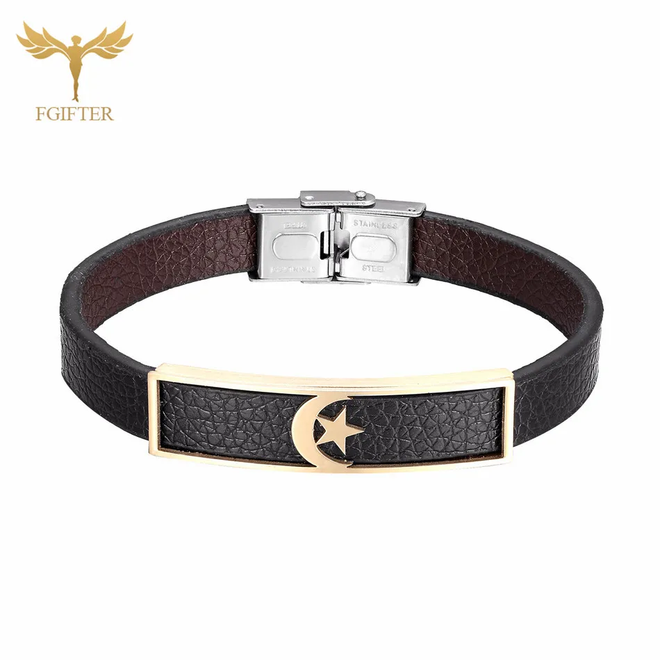 Turkey Flag Star and Moon Leather Bracelet Islam Religious Jewelry Stainless Steel Wristband Men\'s and Women\'s Fashion Bangle