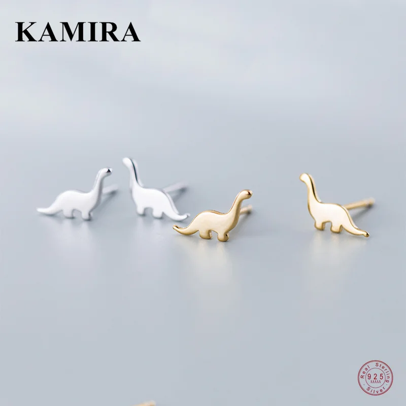 KAMIRA Real 925 Sterling Silver Trendy Unique Charms Smooth Dinosaur Stud Earrings for Women Birthday Pierced Enamel Jewelry Ins