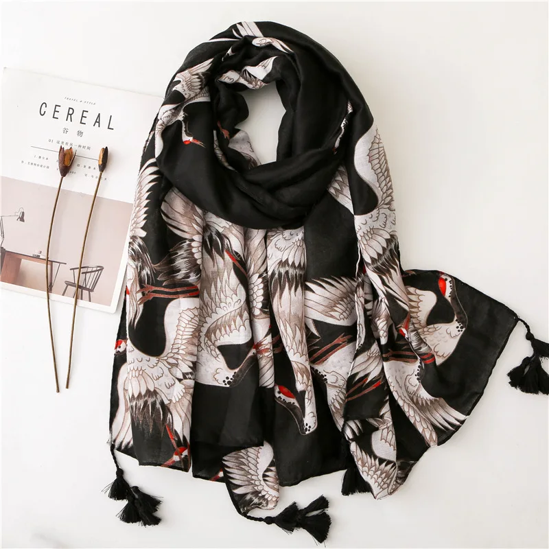 

2020 New Chinese Style Fairy Crane Printing Scarf Girl Spring and Autumn Winter New Cotton Hemp Shawl Black Color