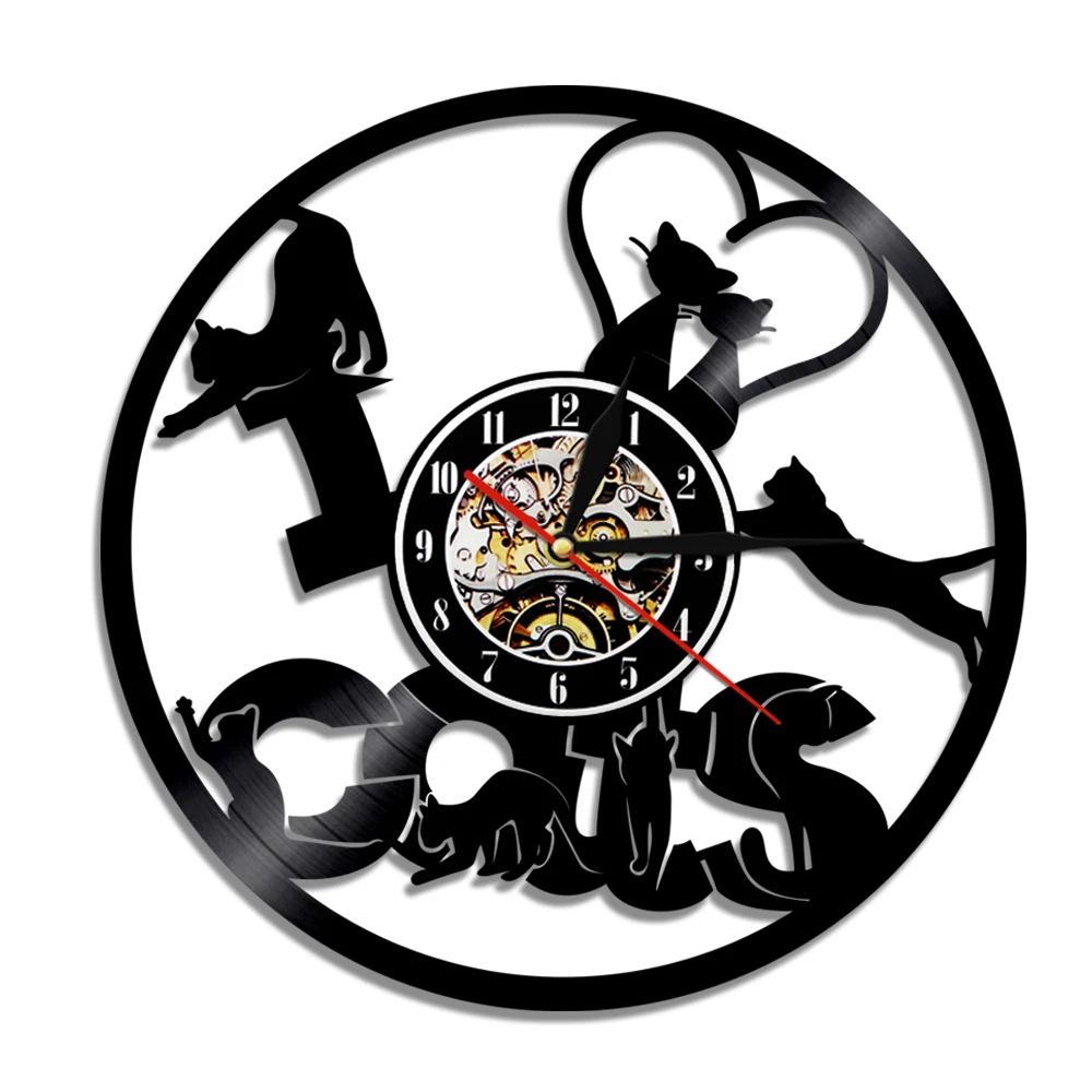 Cats Couple Modern Wall Clock Black Kitty Silhouette Decor Kittens Vinyl Record Hanging Clock Housewarming Gift For Cat Lover