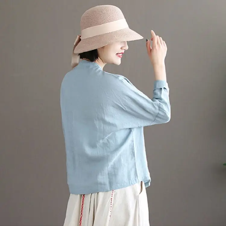 100% Cotton Linen Shirt With Embroidery Women Luxury Middle Ages Long Sleeve Crew Neck Shirt Solid Color Basic Blouse Feamle Top