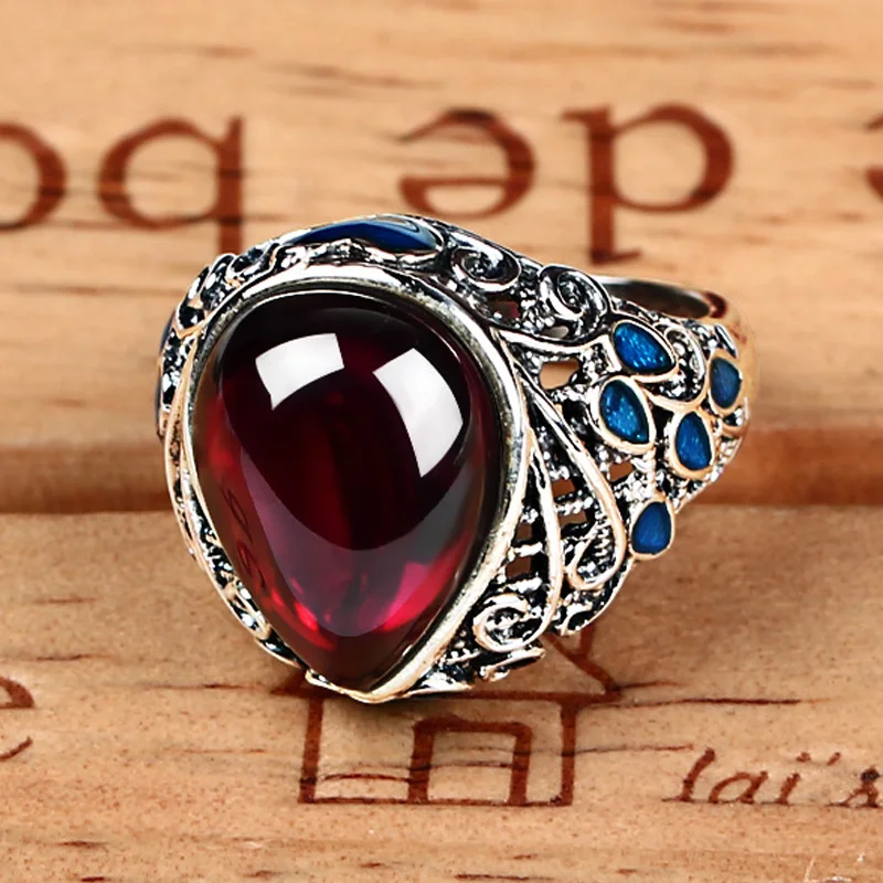 

ZHJIASHUN Vintage 100% 925 Sterling Silver Rings Retro Thai Silver Red Precious Stone Ring Cloisonne Jewelry For Women