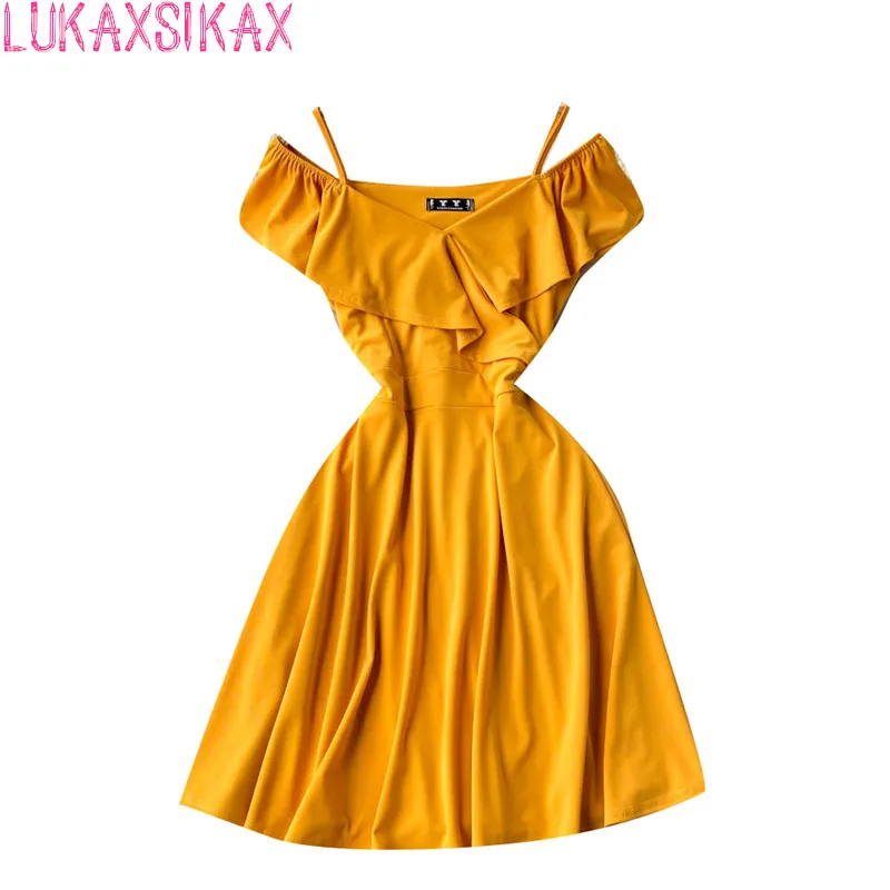 

LUKAXSIKAX 2022 New Summer Beach Vacation Women Sexy V-Neck Strap Dress Sweet Ruffles Casual A-Line Mini Dress