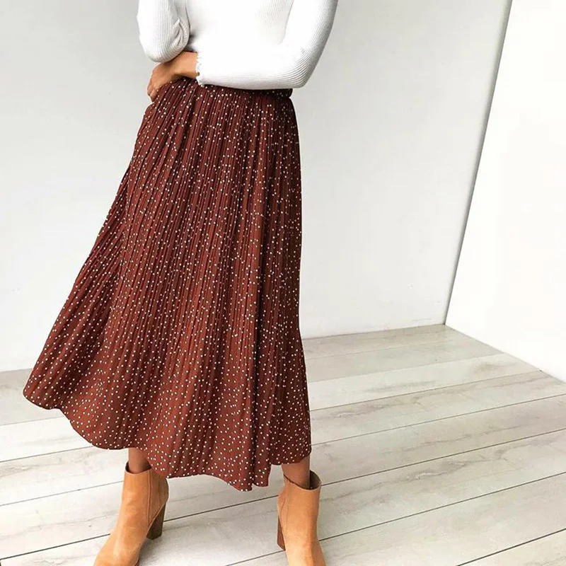 White Dots Floral Print Pleated Midi Skirt Women Elastic High Waist Side Pockets Skirts Summer 2024 Elegant Female Bottom