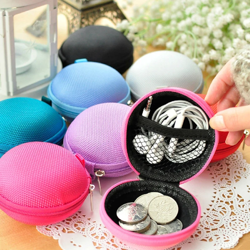 Colorful Portable Round Zipper Earphone Storage Bag Earbuds Hard Box Case For iPhone Cable SD TF Memory Card U Disk Data Cable