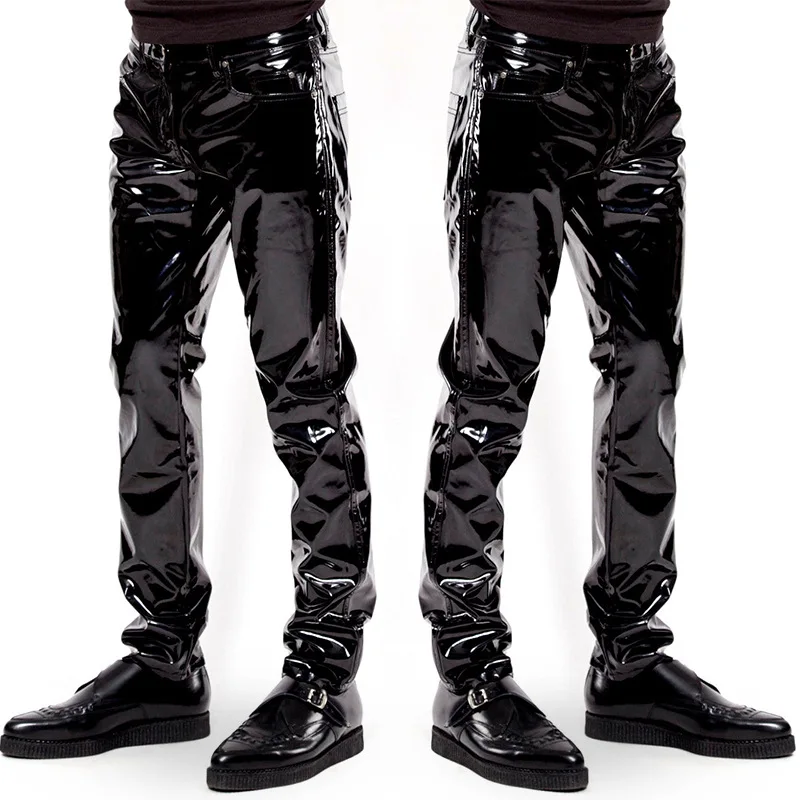 Hot Sales Motorbike Men Sexy Black Wet Look PVC Stage Wear Faux Leather Pencil Pants Skinny Latex Leggings Pole Dance Clubwear