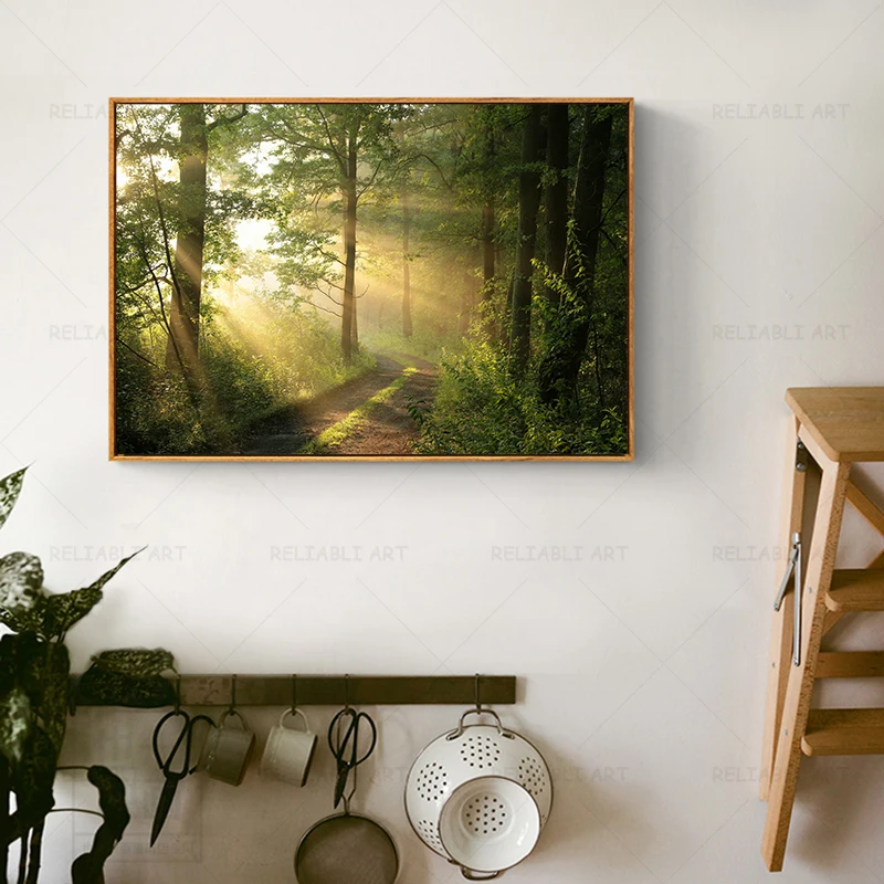 Sunshine Canvas Painting Path in the Green Forest Picture Wall Art Oil Painting Landscape Posters Prints for Living Room Decor