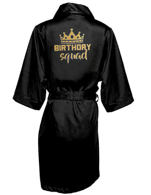 Bata de satén para fiesta de cumpleaños, kimono de escritura dorada, Queen & Squad