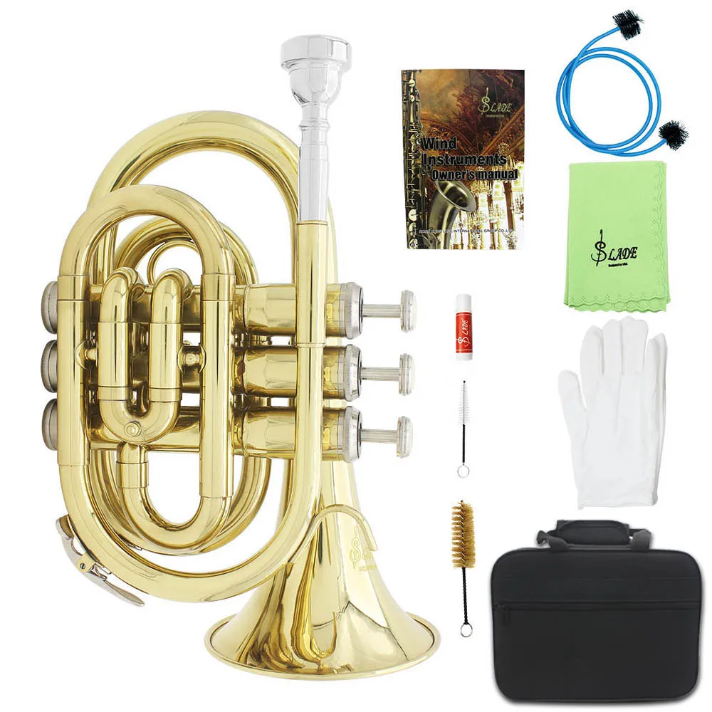 ammoon Mini Pocket Trumpet Bb Flat Brass Wind Instrument with Mouthpiece Gloves Cleaning Cloth Carrying Case