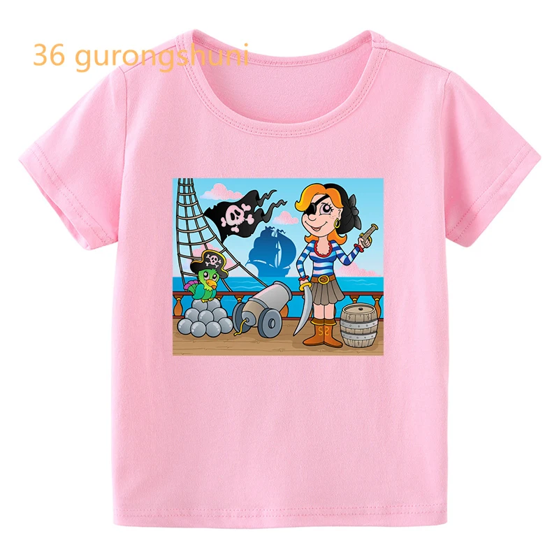 

cartoon skull Pirate Ship print graphic kids t shirt for boys t shirts girl t-shirts pink clothing tops for girls boy clothes