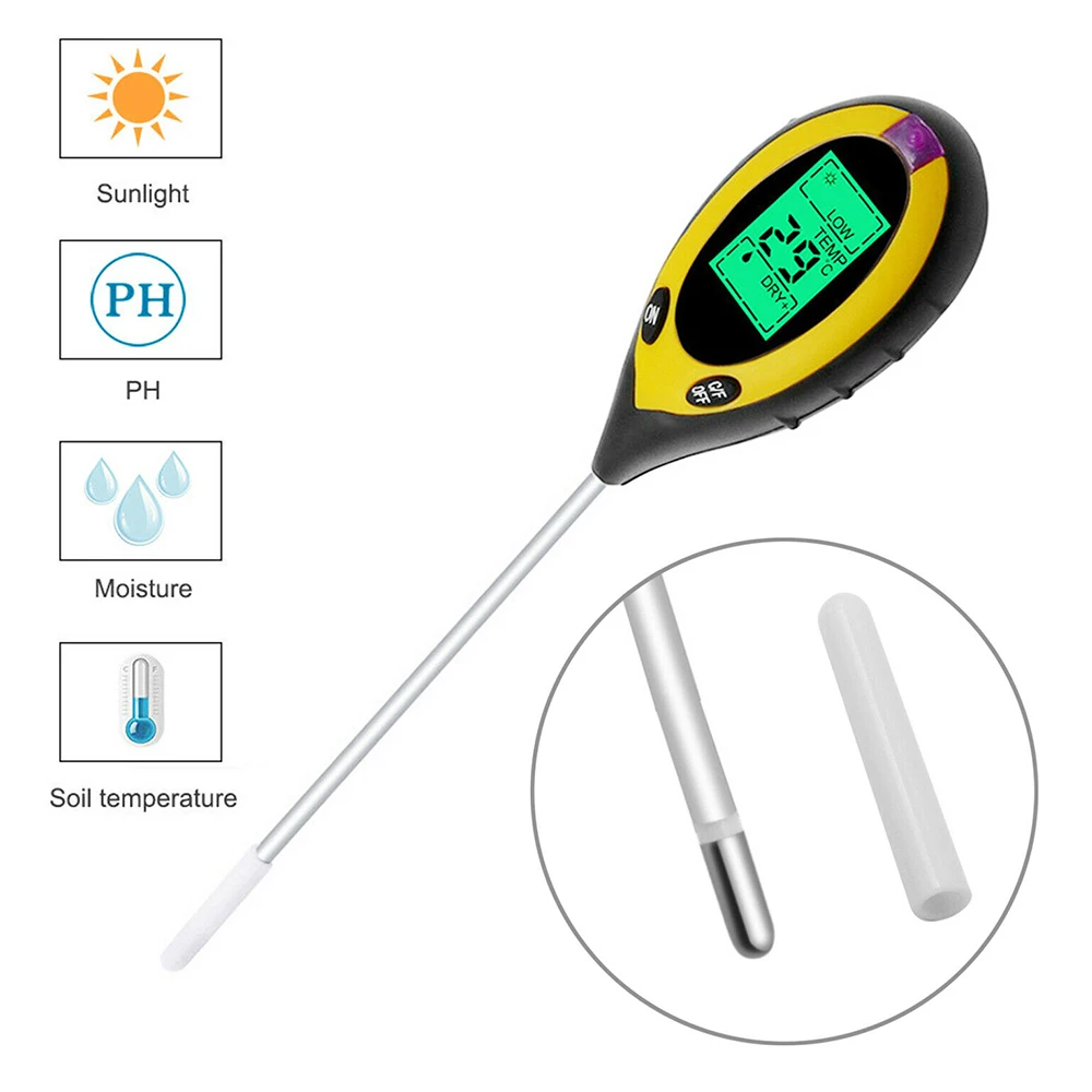 4 in 1 Digital PH Meter PH Tester Soil Water Moisture Test Meter Kit Temperature Sunlight Tester for Garden Farm Plant Seeding