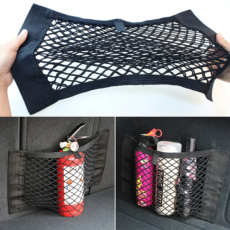 Car Back Rear Mesh Trunk Seat Elastic String Net Magic Sticker Universal Storage Bag Pocket Cage Auto Organizer Seat Back Bag AA