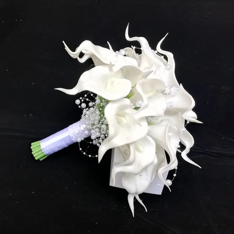 Round Bridal Bouquet White Calla Lily with Artificial Pearl Wedding Flowers Decoration Mariage