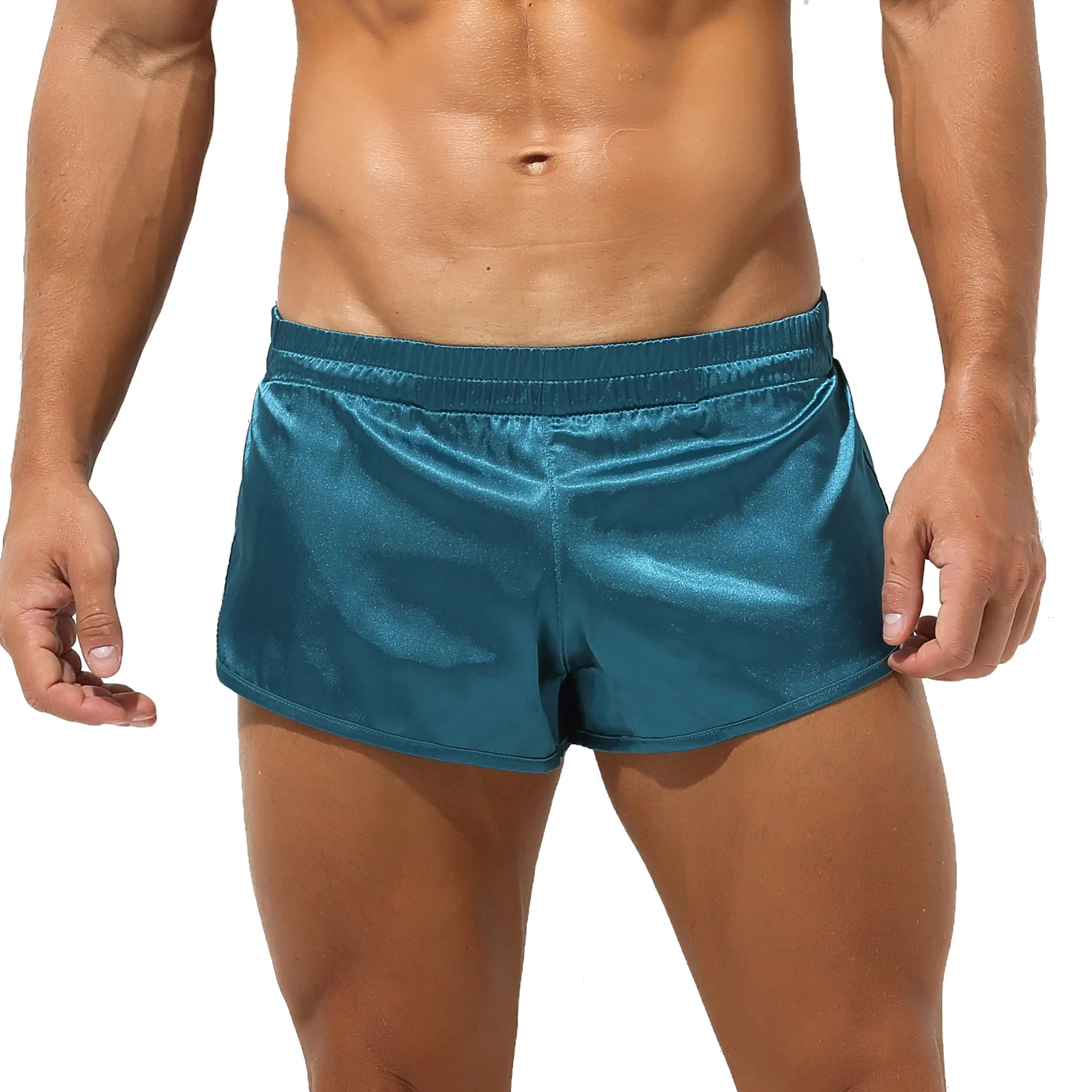 Men Solid Color Underwear Side Split Elastic Waistband Sleep Bottom Low Waist Satin Shorts Underpants Nightwear