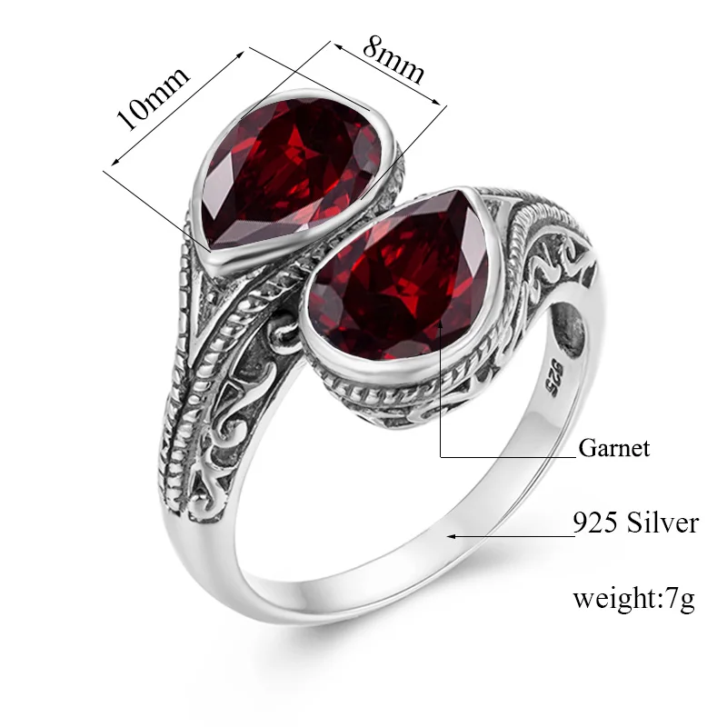 Reines 925er-Sterlingsilber, Damenring mit zwei Granatsteinen, Vintage-Schmuck, gotischer Tropfenform, für Hochzeit und Jubiläum, ein Geschenk für die Frau. – Detail 1