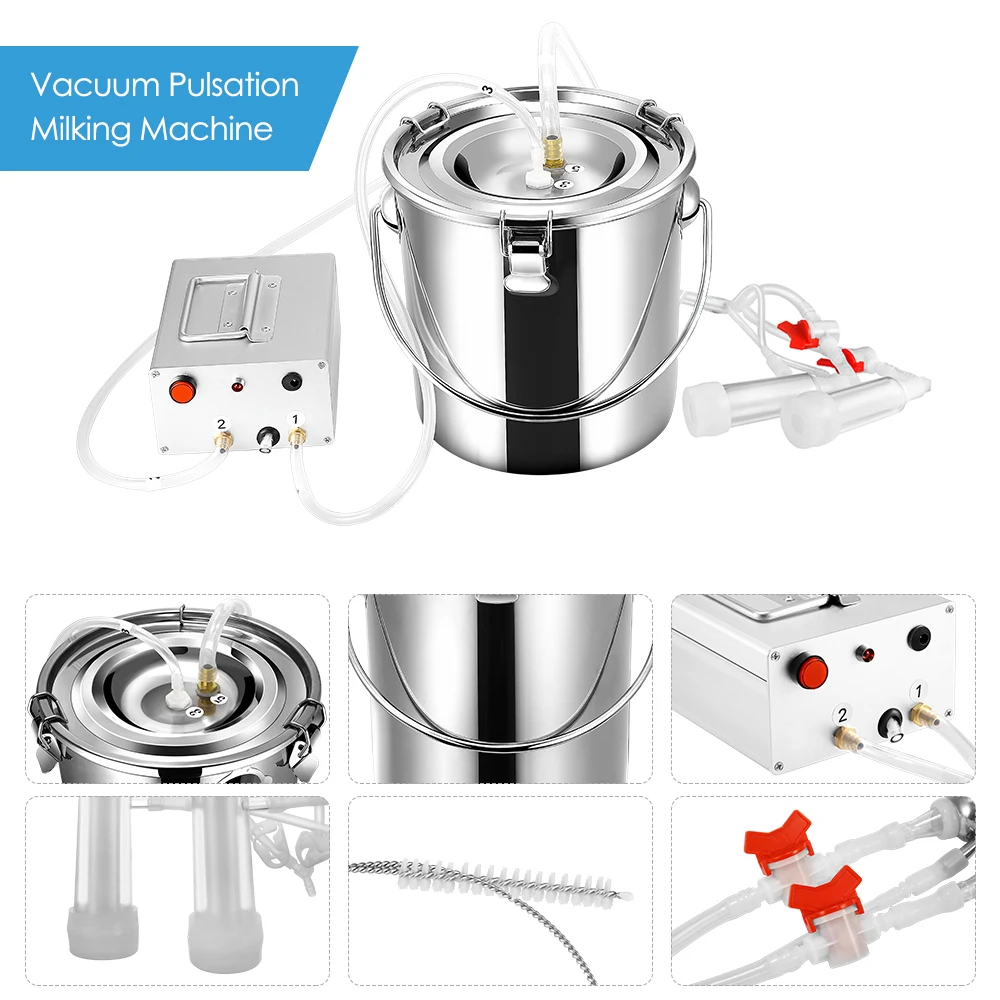 7L Goat Milker Electric Milking Machine With 2 Teat Cups Pulsation Vacuum Pump Stainless Steel Bucket For Goat 110-220V