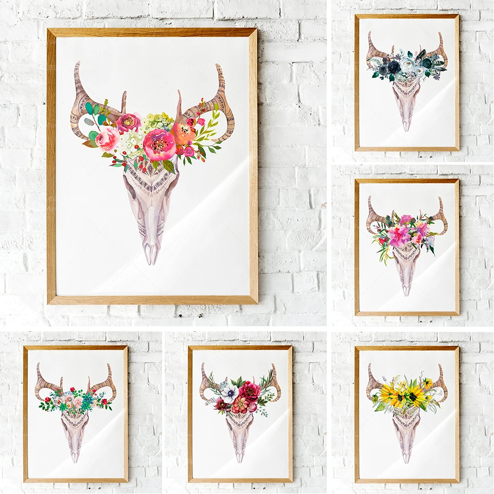 Watercolor flower skull print bohemian cactus print watercolor bull skull print cactus bull skull art bohemian skull print bohem