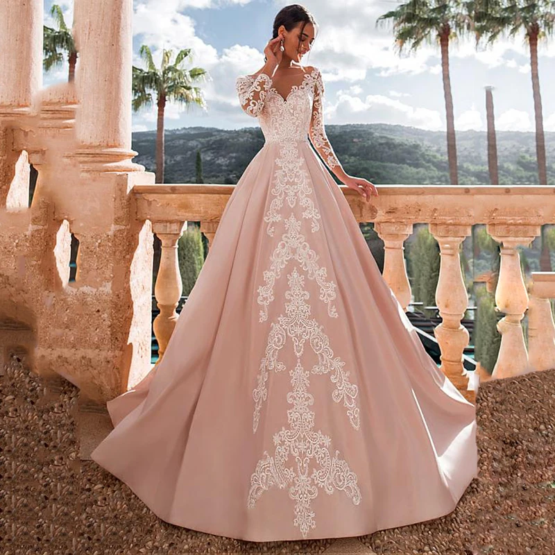 Vestido de casamento rosa cetim com apliques de renda, decote em v, manga comprida, vestido nupcial princesa, vestidos de casamento elegantes, tamanho grande