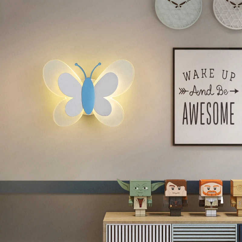 Pink Butterfly Wall lamps girl room lamp creative cartoon children bedroom bedside wall sconce Aisle ceiling lamp Luminaires