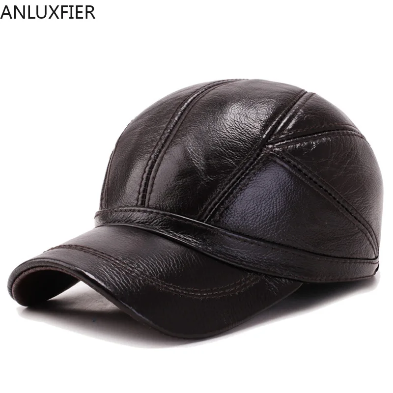 Genuine Leather Old Man Baseball Hat Winter Warming Cowhide Middle-aged Male Cap Outdoor Ear-protecting Leisure Men Hats H6941