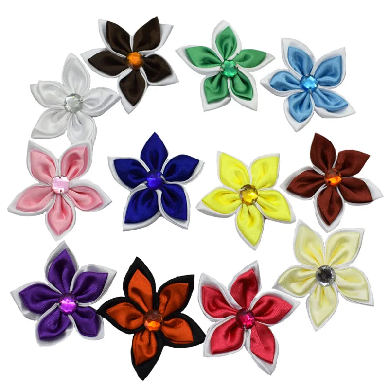 8Pcs satin flowers for crafts rhinestone star 2 Layers artificial flower Applique Sewing Hair Bow DIY Craft Supplies 5.0cm